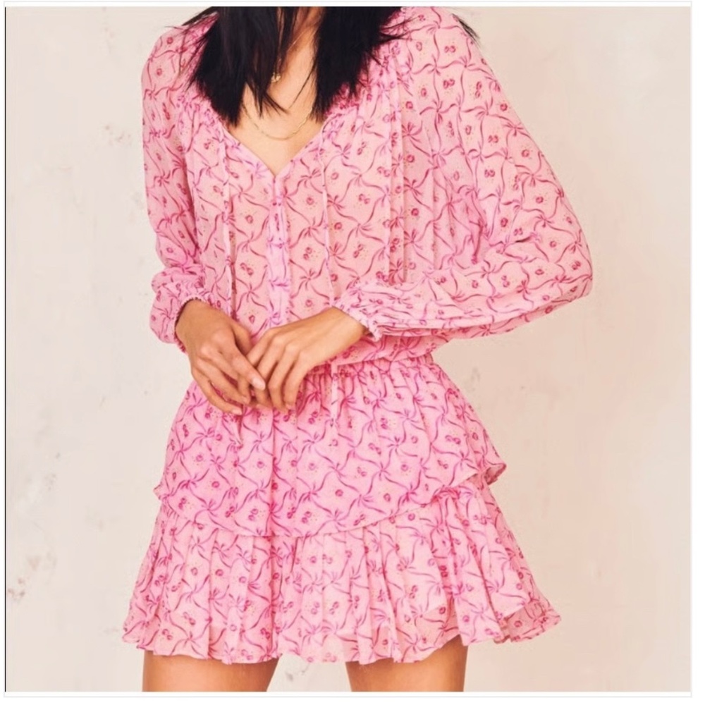 LoveShackFancy Popover Dress Pink Bow 100% Silk NWT XS